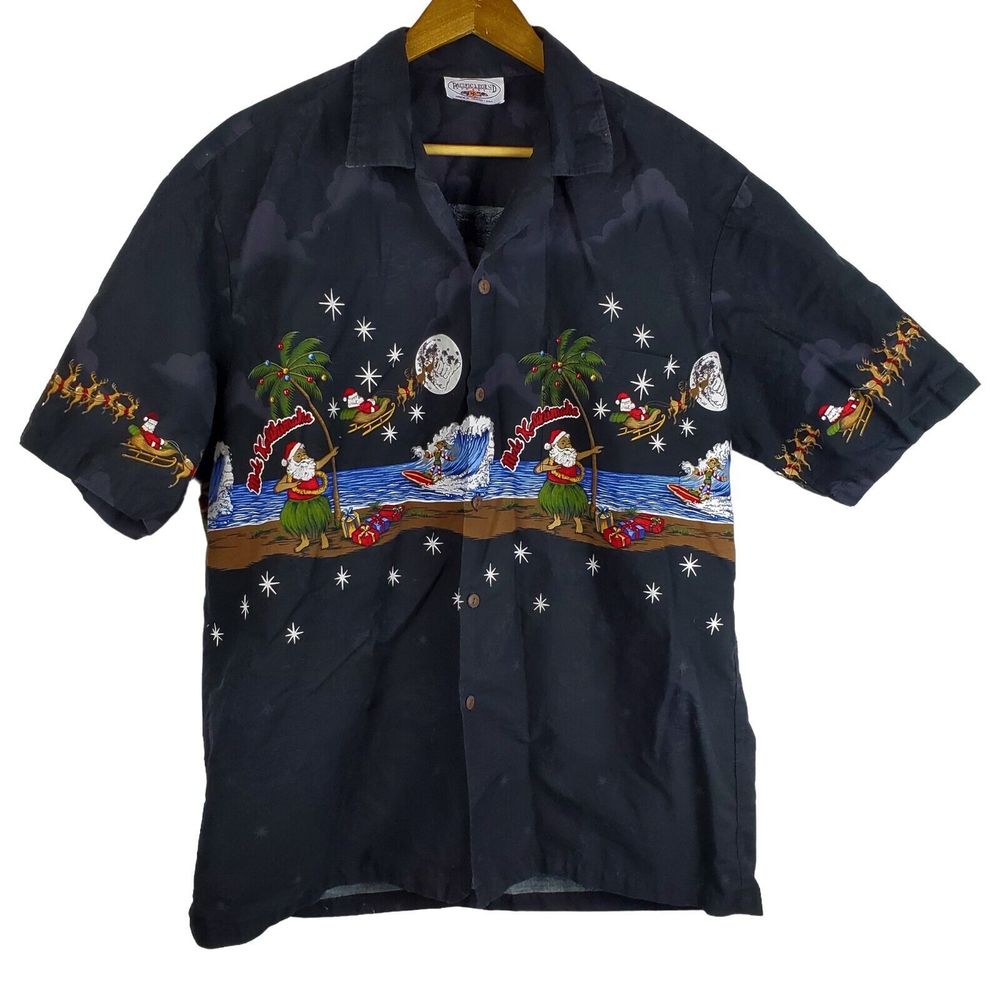 Pacific Legend Santa Surfing Elf Christmas Hawaiian Black Button Shirt XL